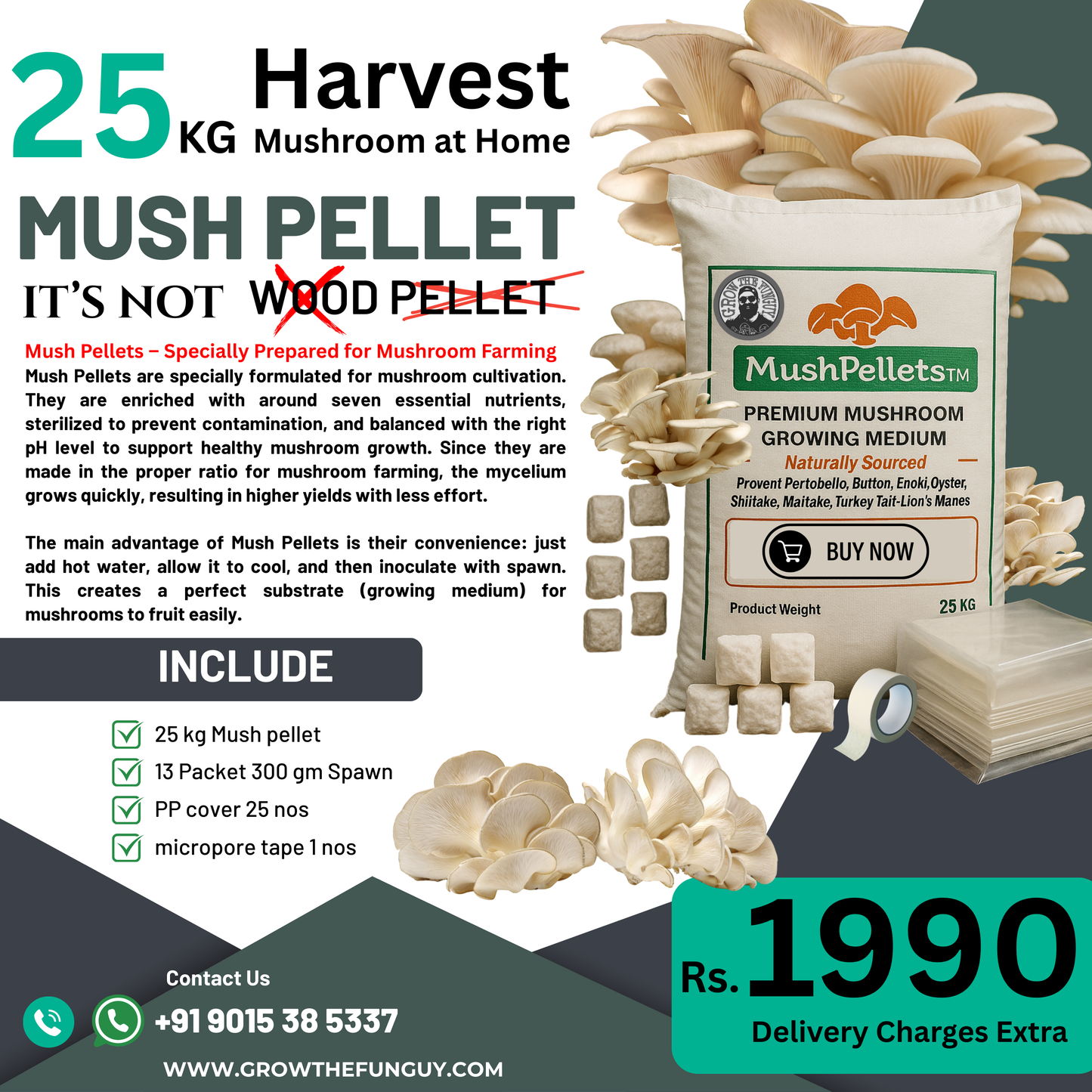 25 block Oyster  Mushroom growing combo - Make 25 bags of 2.5KG each  for Starters